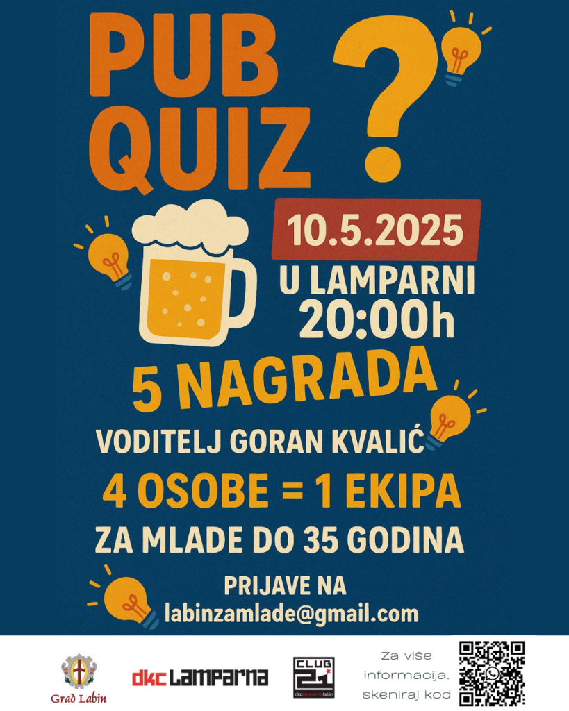 Lamparna ponovno otvara svoja vrata svim ljubiteljima znanja i zabave – u subotu, 10. svibnja 2025., održat će se novi Pub Quiz općeg znanja, s početkom u 20 sati. Nakon uspješnih prethodnih kvizova i odlične atmosfere, organizatori iz Neformalne skupine mladih i DKC Lamparna ponovno pozivaju sve zainteresirane ekipe da se okušaju u izazovnim pitanjima i osvoje vrijedne nagrade.