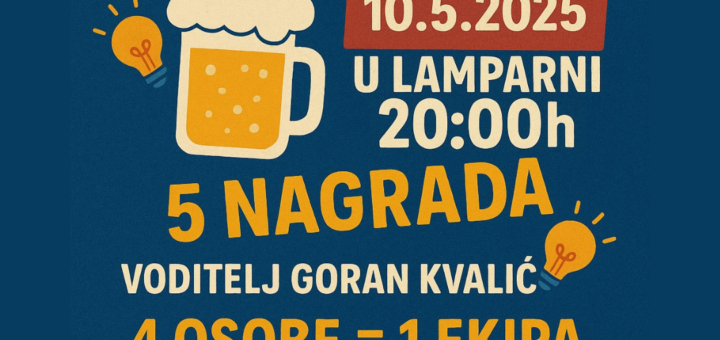 Lamparna ponovno otvara svoja vrata svim ljubiteljima znanja i zabave – u subotu, 10. svibnja 2025., održat će se novi Pub Quiz općeg znanja, s početkom u 20 sati. Nakon uspješnih prethodnih kvizova i odlične atmosfere, organizatori iz Neformalne skupine mladih i DKC Lamparna ponovno pozivaju sve zainteresirane ekipe da se okušaju u izazovnim pitanjima i osvoje vrijedne nagrade.